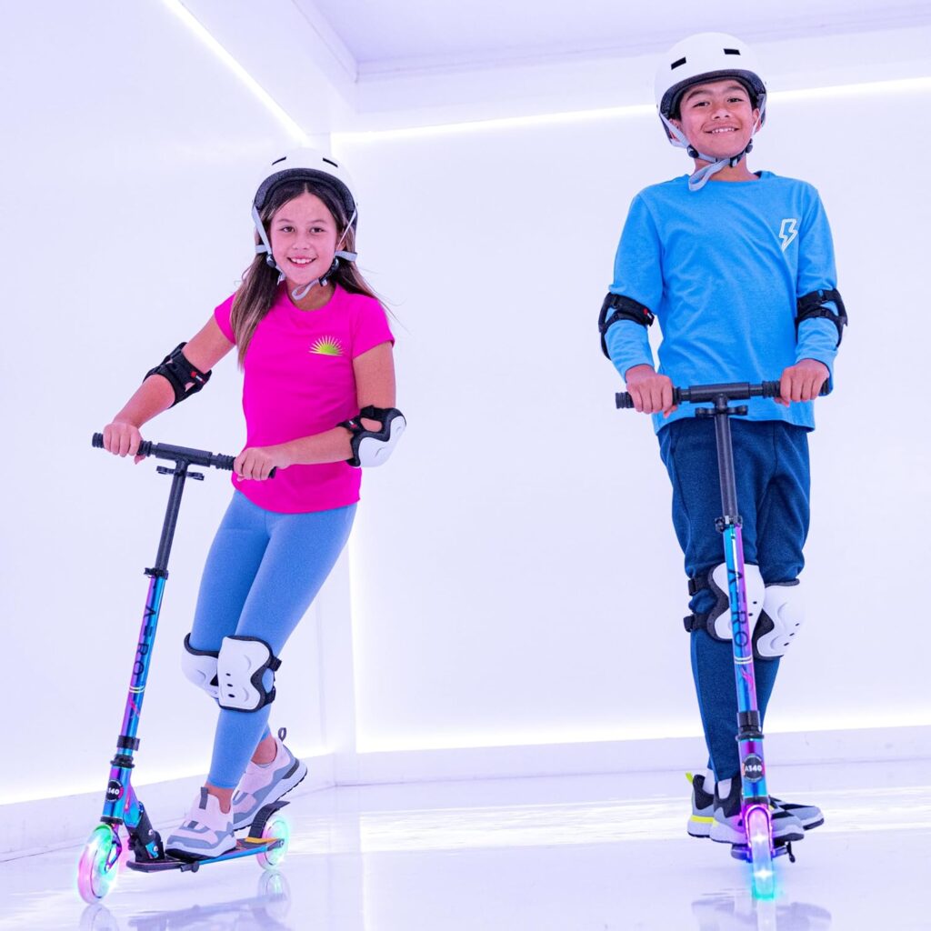 Aero Kick Scooter for Kids Ages 6-12 with Dynamic RGB Lights, Foldable and Height Adjustable, 2 Wheel Scooters for Kids 6 Years and up with Glowing Deck and Light up Clear Wheels …