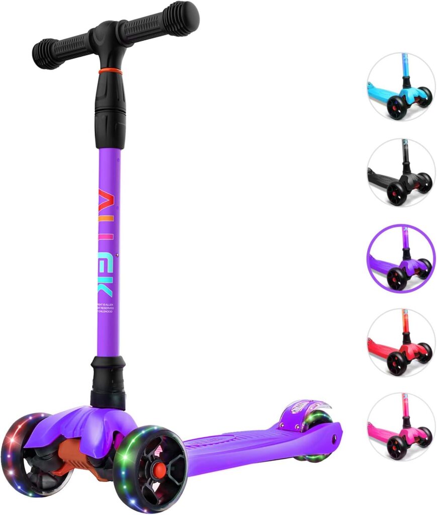 Allek Kick Scooter B02, Lean N Glide Scooter with Extra Wide PU Light-Up Wheels and 4 Adjustable Heights for Children from 3-12yrs (Black)