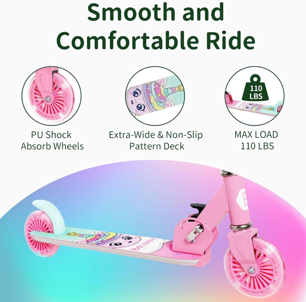 Amazon.com : BELEEV Scooters for Kids Ages 3-12 with Light-Up Wheels  Stem  Deck, 2 Wheel Folding Scooter for Girls Boys, 3 Adjustable Height, Non-Slip Pattern Deck, Lightweight Kick Scooter for Children (Pink) : Sports  Outdoors