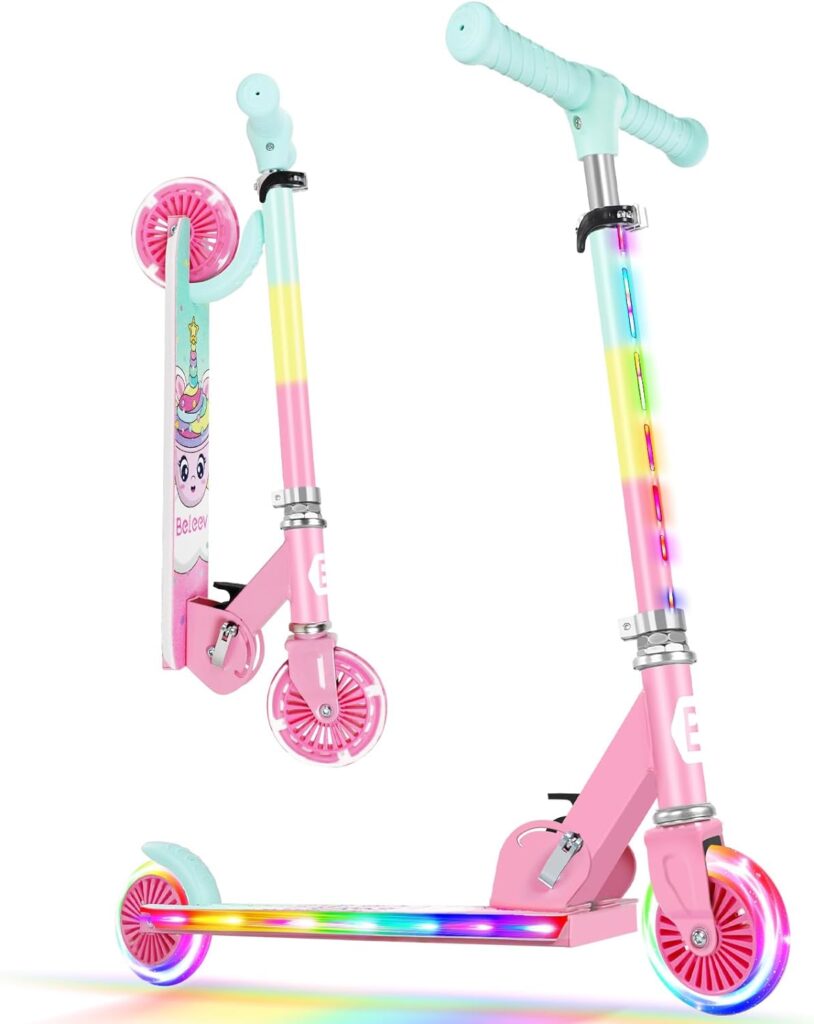 Amazon.com : BELEEV Scooters for Kids Ages 3-12 with Light-Up Wheels  Stem  Deck, 2 Wheel Folding Scooter for Girls Boys, 3 Adjustable Height, Non-Slip Pattern Deck, Lightweight Kick Scooter for Children (Pink) : Sports  Outdoors