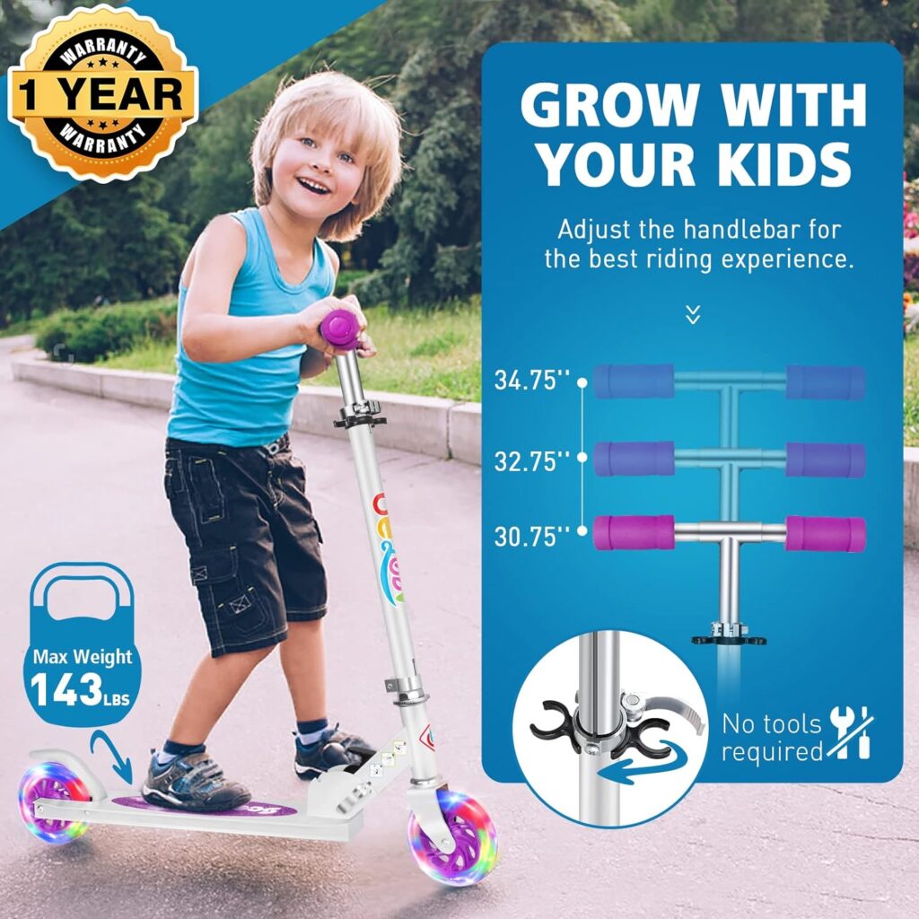 Amazon.com : BELEEV V1 Kids Scooters for Girls Boys Ages 3-12, 2 Wheel Folding Kick Scooter with Light Up Wheels, 3 Adjustable Height, Lightweight Push Scooter with Kickstand for Children Gift (Purple) : Sports  Outdoors