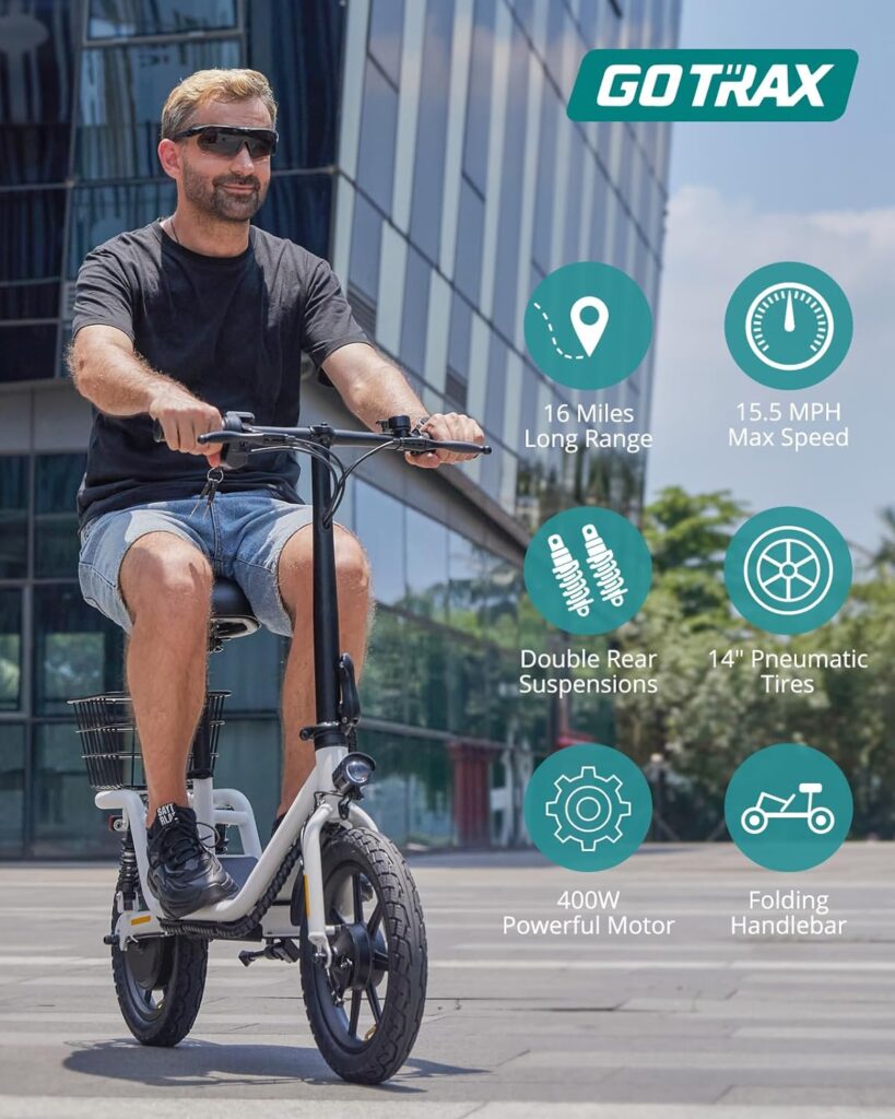Amazon.com : Gotrax FLEX Electric Scooter with Seat for Adult Commuter, 16 Miles Range15.5Mph Power by 400W Motor, Foldable Scooter with 14 Pneumatic Tire 9”Comfortable Wider Deck, EBike with Carry Basket White : Sports  Outdoors
