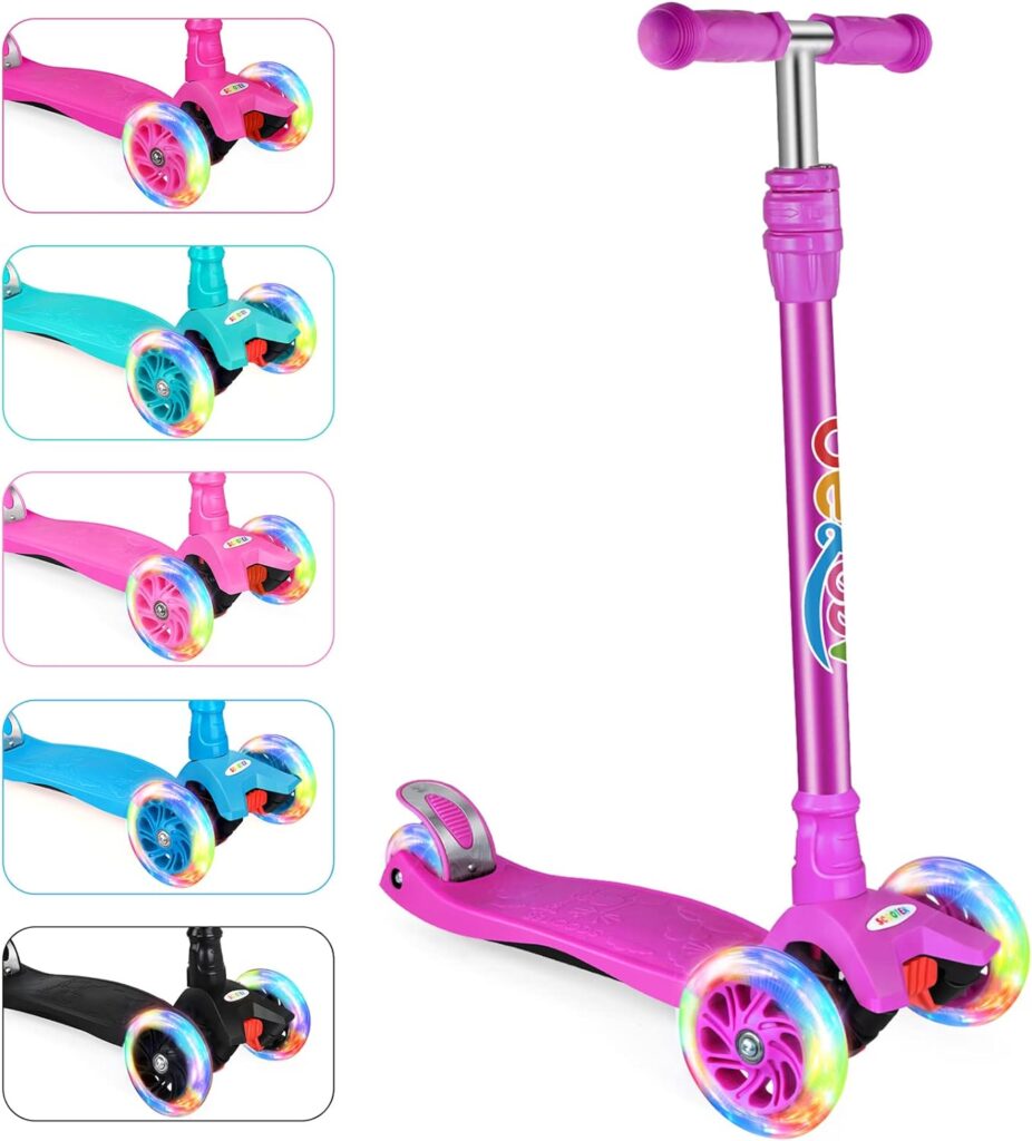 BELEEV A2 Scooters for Kids 3 Wheel Kick Scooter for Toddlers Girls Boys, 4 Adjustable Height, Lean to Steer, Light up Wheels, Extra-Wide Board, Easy to Assemble for Children Gift Sport Toys Ages 3-12