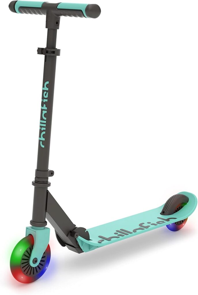 Chillafish Flexxi Mini Glow Foldable 2-Wheeled Scooter with Light-up Wheels, Integrated Brake, Adjustable and Foldable Handlebar, for Kids 5 Years and up, Mint