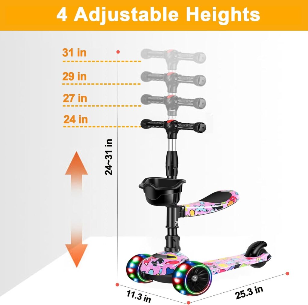 CLrkualn 2-in-1 Kick Scooter for Kids Ages 3-8, Adjustable Height Foldable Scooter Removable Seat, 3 LED Light Wheels, Outdoor Activities for Toddlers Boys Girls