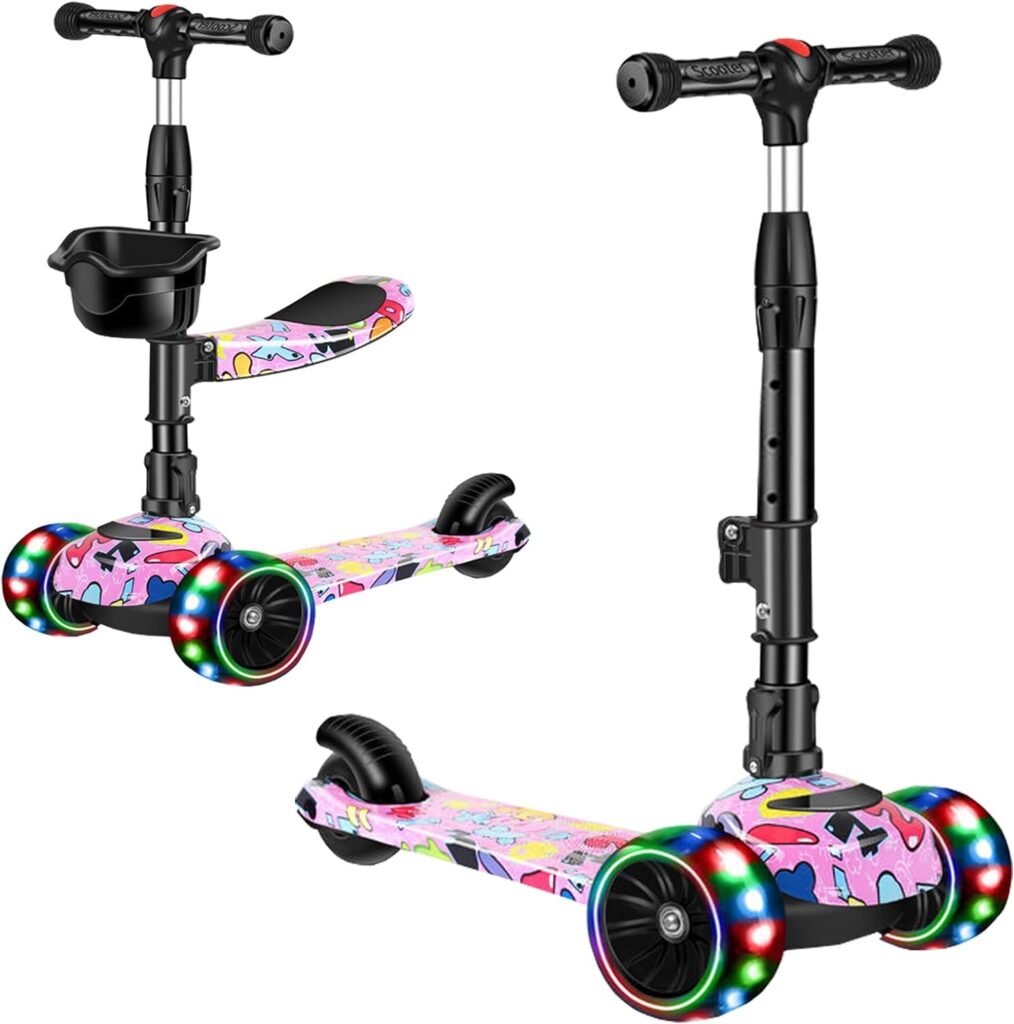 CLrkualn 2-in-1 Kick Scooter for Kids Ages 3-8, Adjustable Height Foldable Scooter Removable Seat, 3 LED Light Wheels, Outdoor Activities for Toddlers Boys Girls