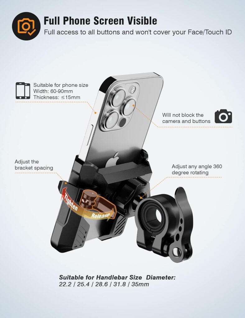 Eowihor Bike Phone Mount for Electric, Mountain, Scooter, and Dirt Bikes -360°rotatable Bike Phone Holder- Bike Phone Holder Suitable for Smartphones from 4.0-7.0 inches.