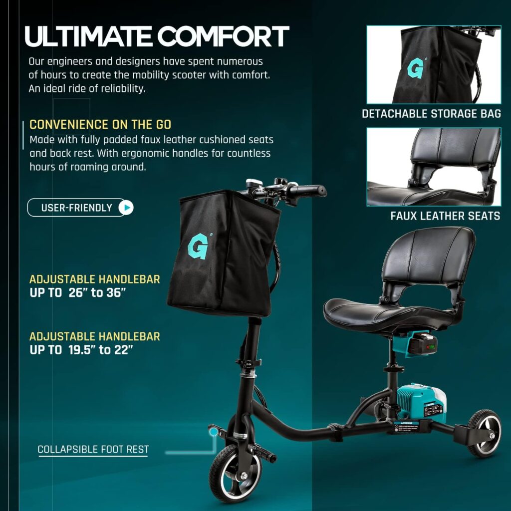 G 3 Wheel Folding Mobility Scooter Basic - Electric Powered, Airline Friendly - Long Range Travel w/ 2 Detachable 48V Lithium-ion Batteries and Charger Max Load of 275lbs