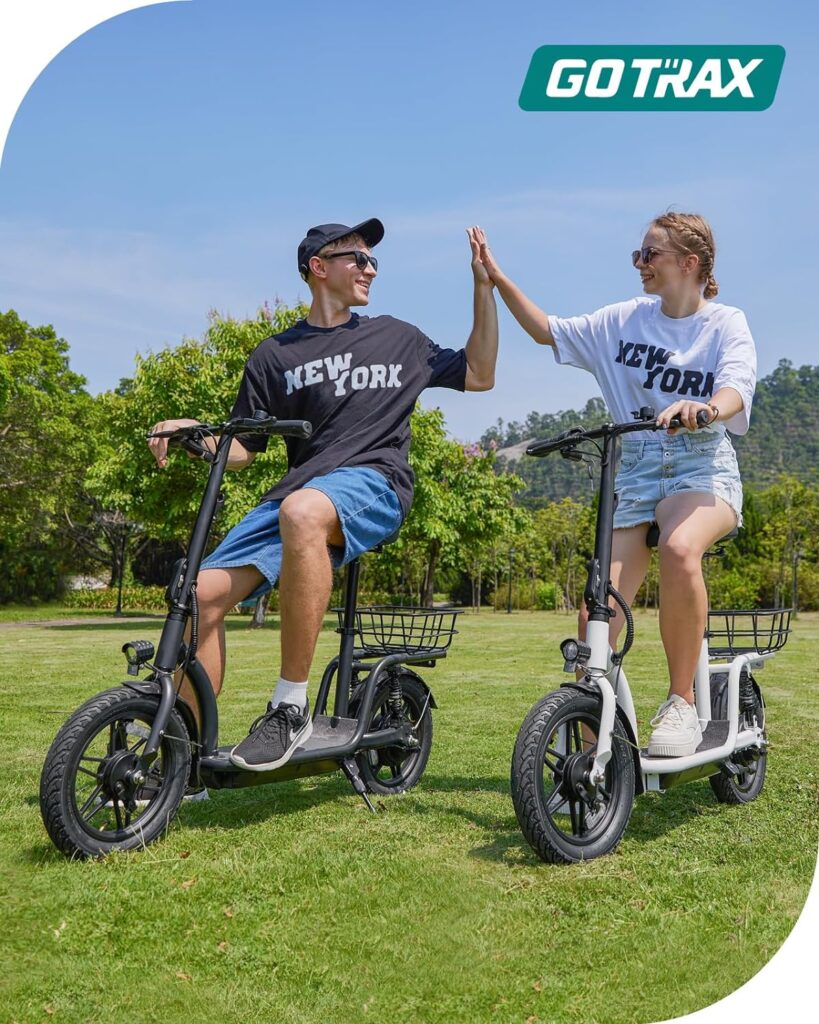 Gotrax ASTRO Electric Scooter with Seat, 14 Pneumatic Tire and 15.5 Miles Range15.5Mph Power by 350W Motor, Comfortable Rear Dual Shock AbsorptionWider Seat, EBike with Carry Basket for Adult Black