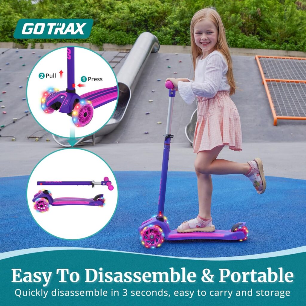 Gotrax KS1/KS3 Kids Kick Scooter, LED Lighted Wheels and 3Adjustable Height Handlebars, Lean-to-Steer  Widen Anti-Slip Deck, 3 Wheel Scooter for Boys  Girls Ages 2-8 and up to 100 Lbs
