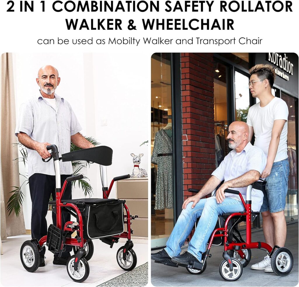 Healconnex 2 in 1 Rollator Walker for Seniors-Medical Walker with Seat,Folding Transport Wheelchair Rollator with 10 Big Pneumatic Rear Wheels,Reversible Soft Backrest and Detachable Footrests