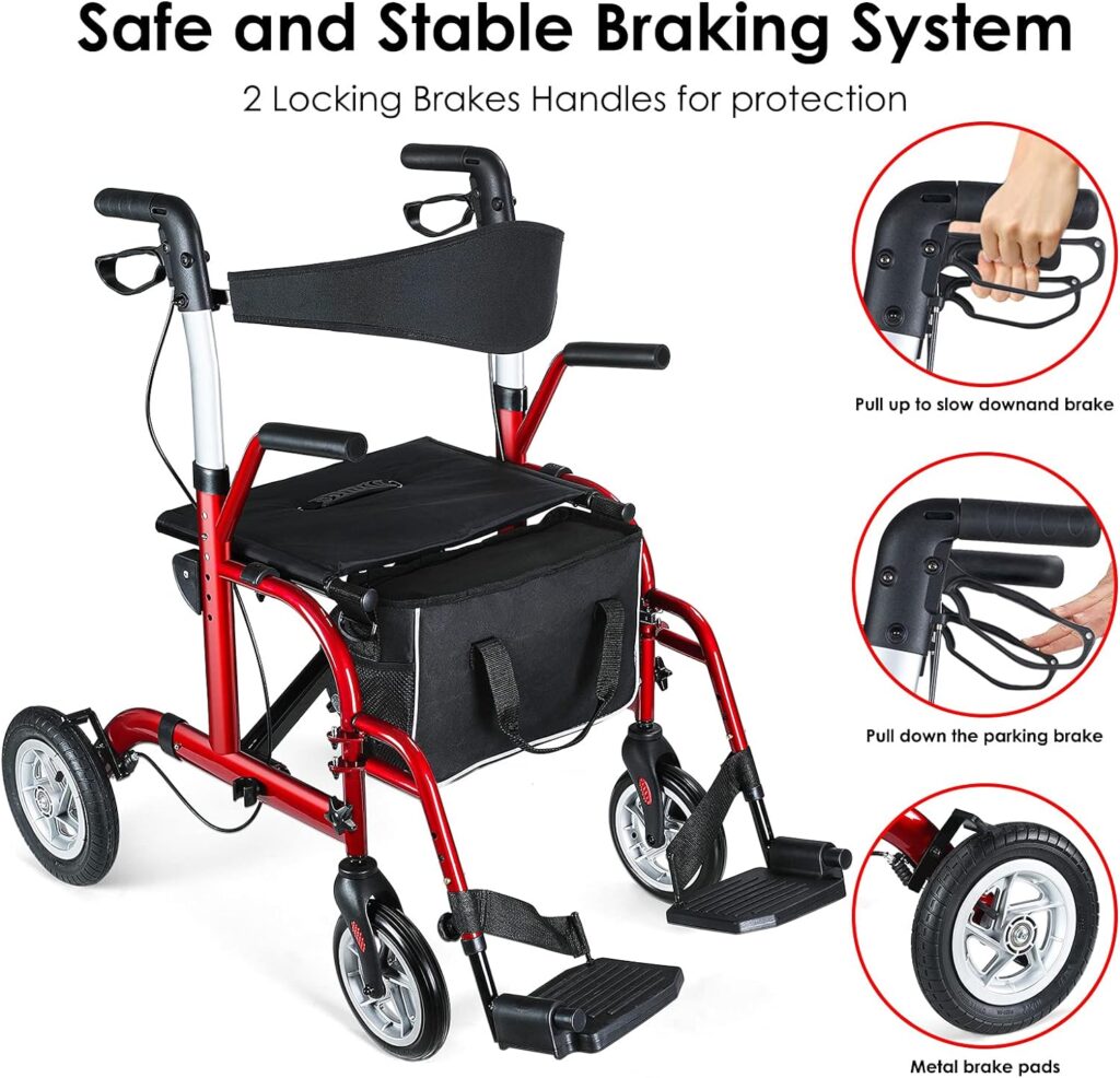 Healconnex 2 in 1 Rollator Walker for Seniors-Medical Walker with Seat,Folding Transport Wheelchair Rollator with 10 Big Pneumatic Rear Wheels,Reversible Soft Backrest and Detachable Footrests
