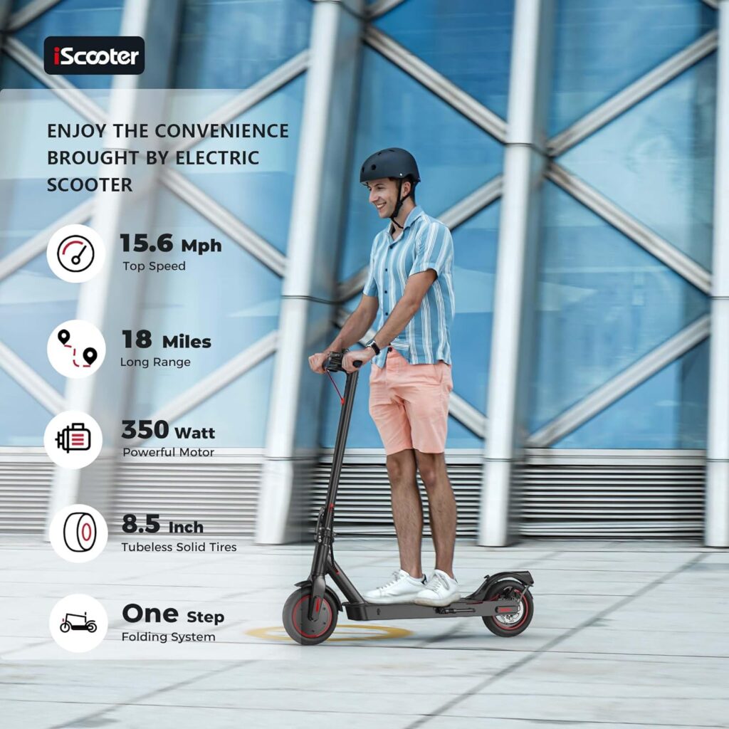 iScooter Electric Scooter, 8.5 Inch Solid Tire, 18Miles Travel Range, 350W E Scooter 15.6 Mph with Smart APP, Double Braking Systems for Adults and Teens