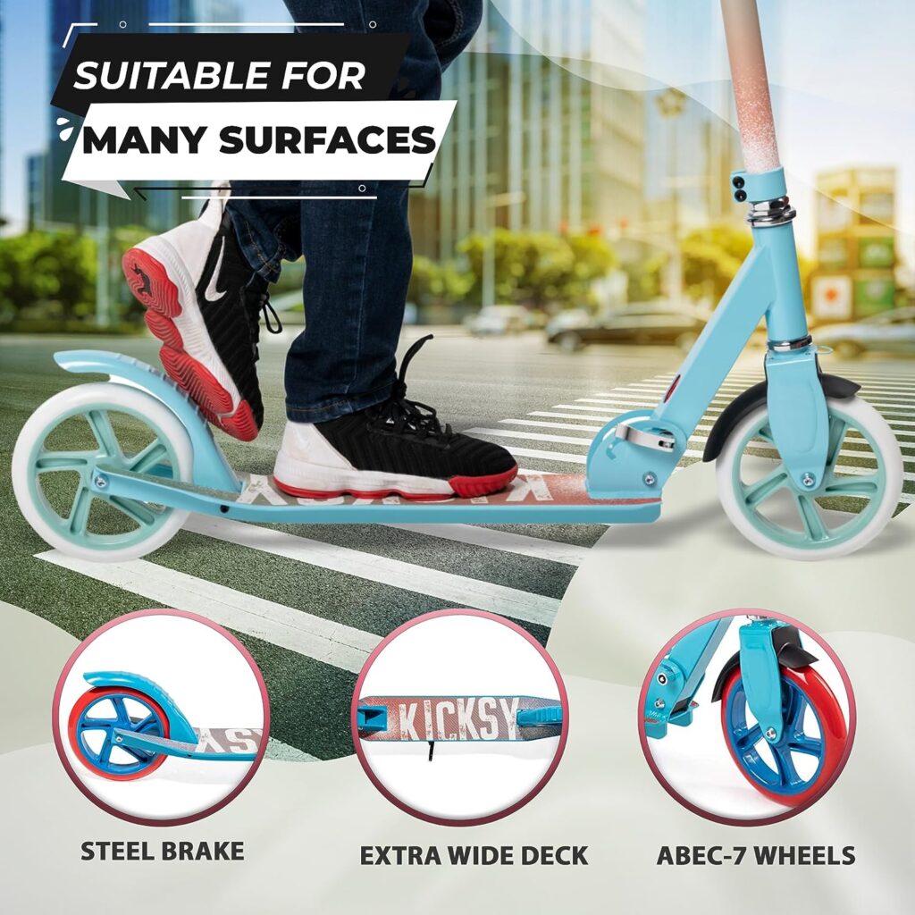 Kicksy - Kick Scooter for Kids Ages 6-12  Scooter for Teens 12 Years and Up- Big Wheel Scooter for Stability - 2 Wheel Scooter for Boys  Girls- Foldable Kick Scooter Adult - Up to 220 lbs