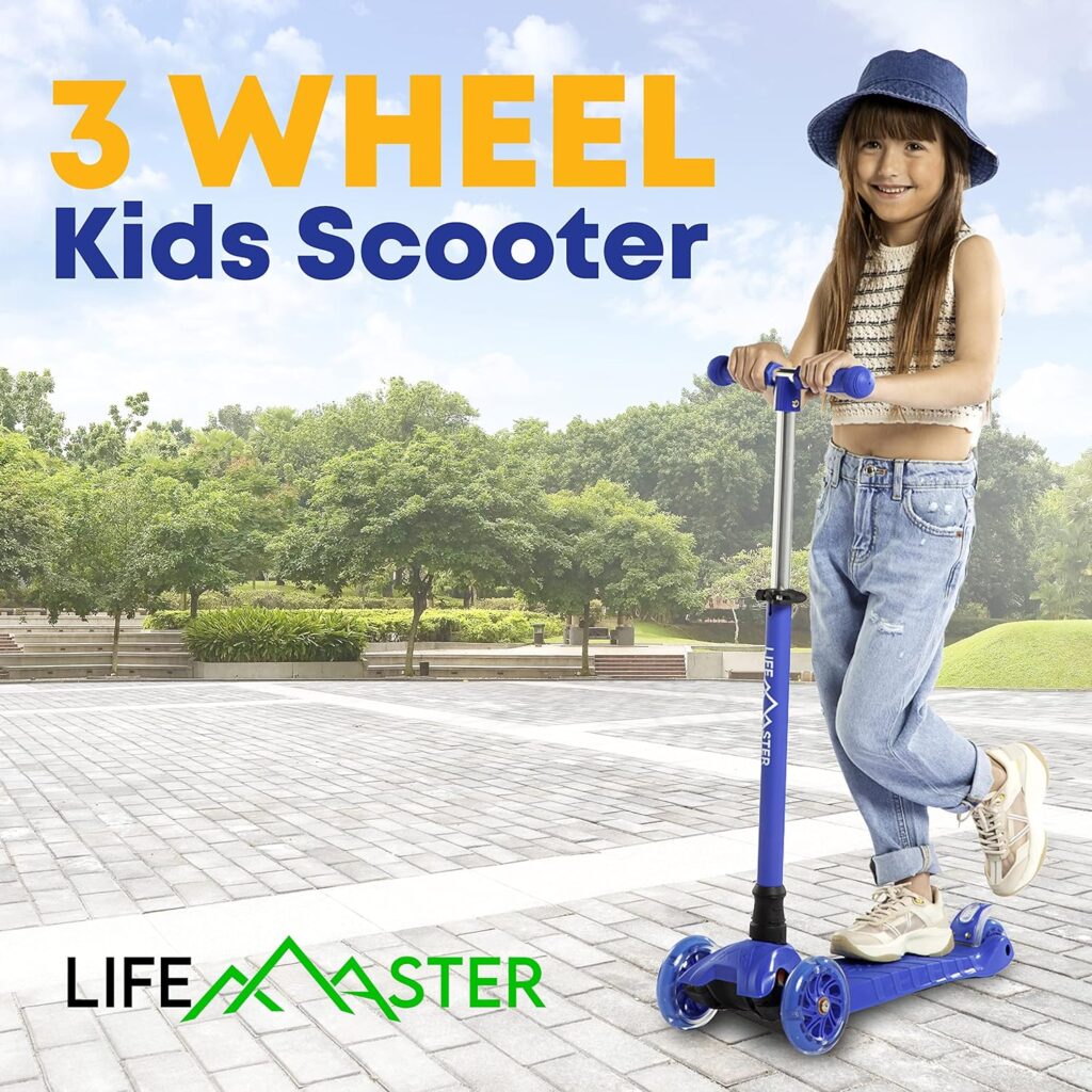 Kids Scooter – Children and Toddler 3 Wheel Kick Scooter – LED Wheel Lights Illuminate When Rolling– Adjustable Handlebar – Indoor and Outdoor - by Lifemaster