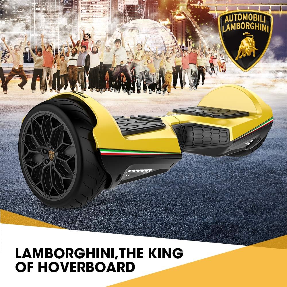 LAMBORGHINI Twodots Hoverboard 6.5 inch All Terrain Off-Road Racing Hover board with Music Bluetooth Speakers APP and LED Lights, UL2272 Certified Balancing Hoverboards Yellow