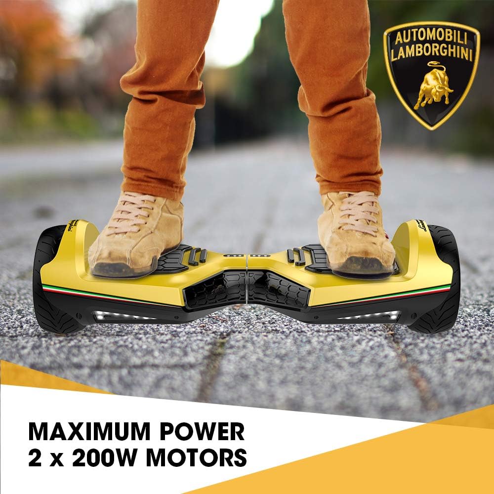 LAMBORGHINI Twodots Hoverboard 6.5 inch All Terrain Off-Road Racing Hover board with Music Bluetooth Speakers APP and LED Lights, UL2272 Certified Balancing Hoverboards Yellow