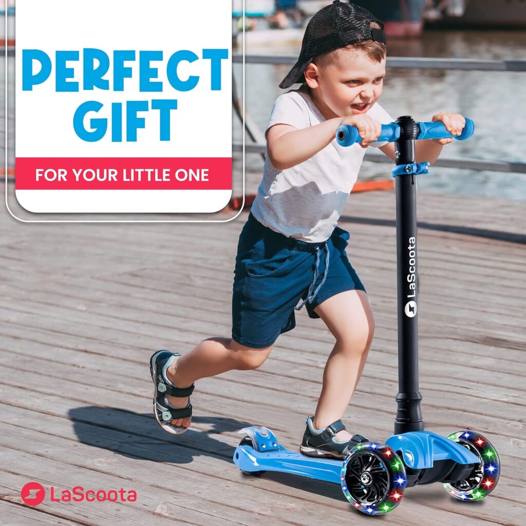 LaScoota 2-in-1 Kids Kick Scooter, Adjustable Height Handlebars and Removable Seat, 3 LED Lighted Wheels and Anti-Slip Deck, for Boys  Girls Aged 3-12 and up to 100 Lbs.