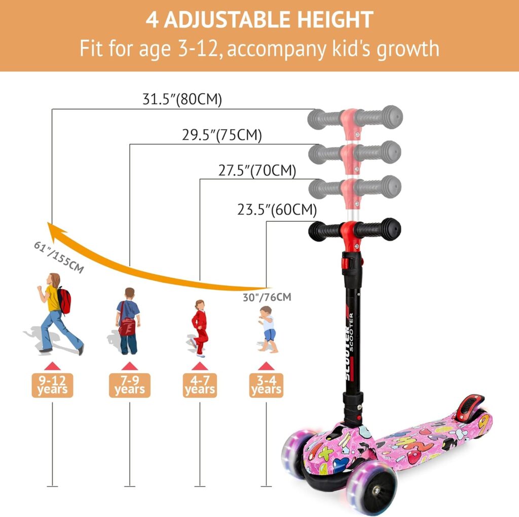 Scooter for Kids Ages 3-12, Foldable  Height Adjustable Kids Scooter with Graffiti Bodywork, Non-Slip Deck and Extra Wide PU Light-up Wheels (200 Lbs Weight Capacity)