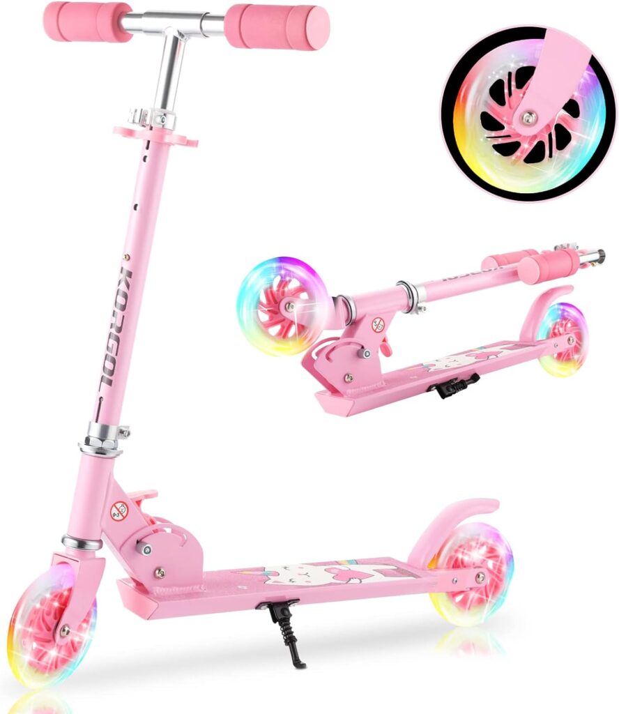 Scooter for Kids Ages 6-12 - Kids Kick Scooters with Led Light Up Wheels  3 Levels Adjustable Handlebar, Lightweight Foldable 2 Wheel Girly Pink Scooter, Christmas Birthday Gifts for Girls Boys.