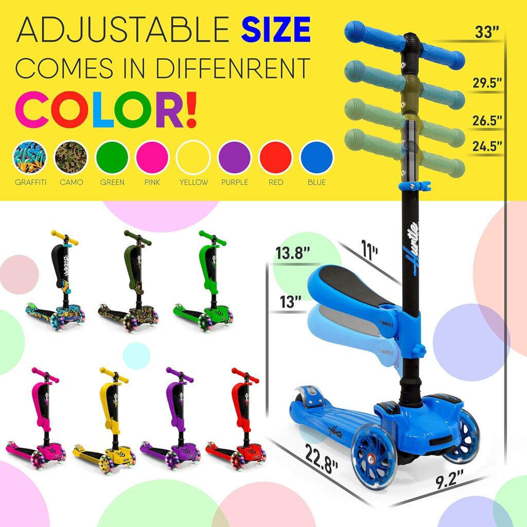 Scooter for Kids - Stand  Cruise Child/Toddlers Toy Folding Kick Scooters w/Adjustable Height, Anti-Slip Deck, Flashing Wheel Lights, for Boys/Girls 2-12 Year Old - Hurtle