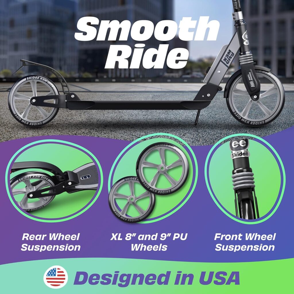 Skidee Scooter for Adults and Teens – Adjustable Height, Kids Scooter, Folding Scooter, Large Sturdy Wheels for Smooth Ride, Lightweight, Durable, Anti-Shock Suspension, Outdoor Toys, up to 220 lbs