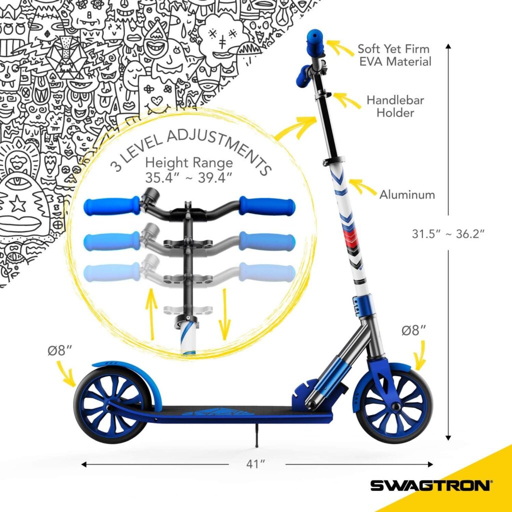 Swagtron K8 Titan Folding Commuter Kick Scooter for Adults  Teens, Height-Adjustable, ABEC-9 Wheel Bearings