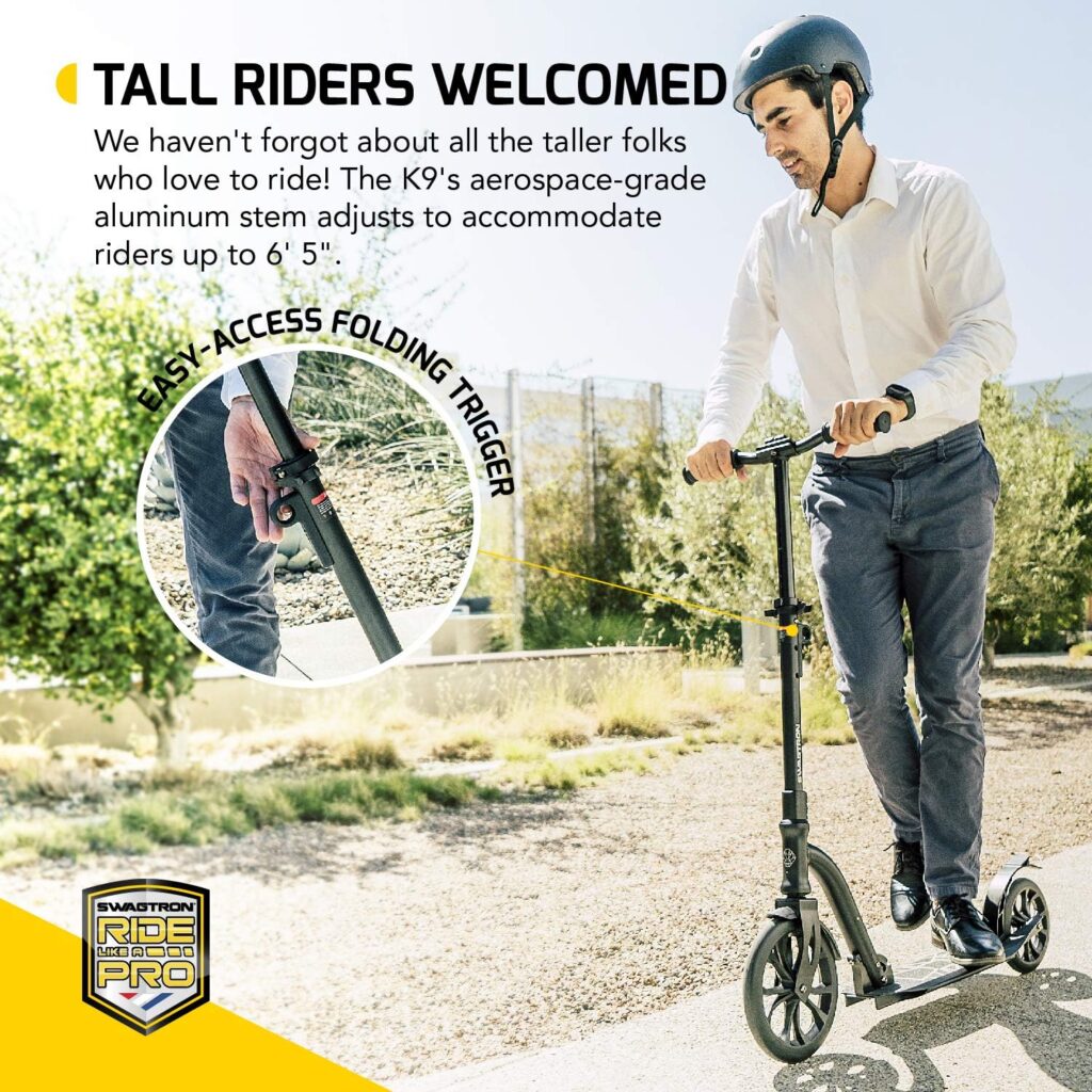 Swagtron K9 Commuter Kick Scooter for Adults, Teens | Foldable, Lightweight | Height-Adjustable for Riders up to 65, 220LB Max Load
