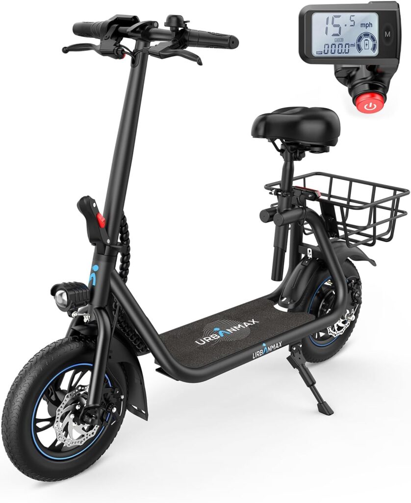 URBANMAX C1 Electric Scooter with Seat, 450W Powerful Motor up to 22 Miles Range, Foldable Electric Scooter for Adults Max Speed 15.5 Mph, Electric Scooter for Commuting with Basket