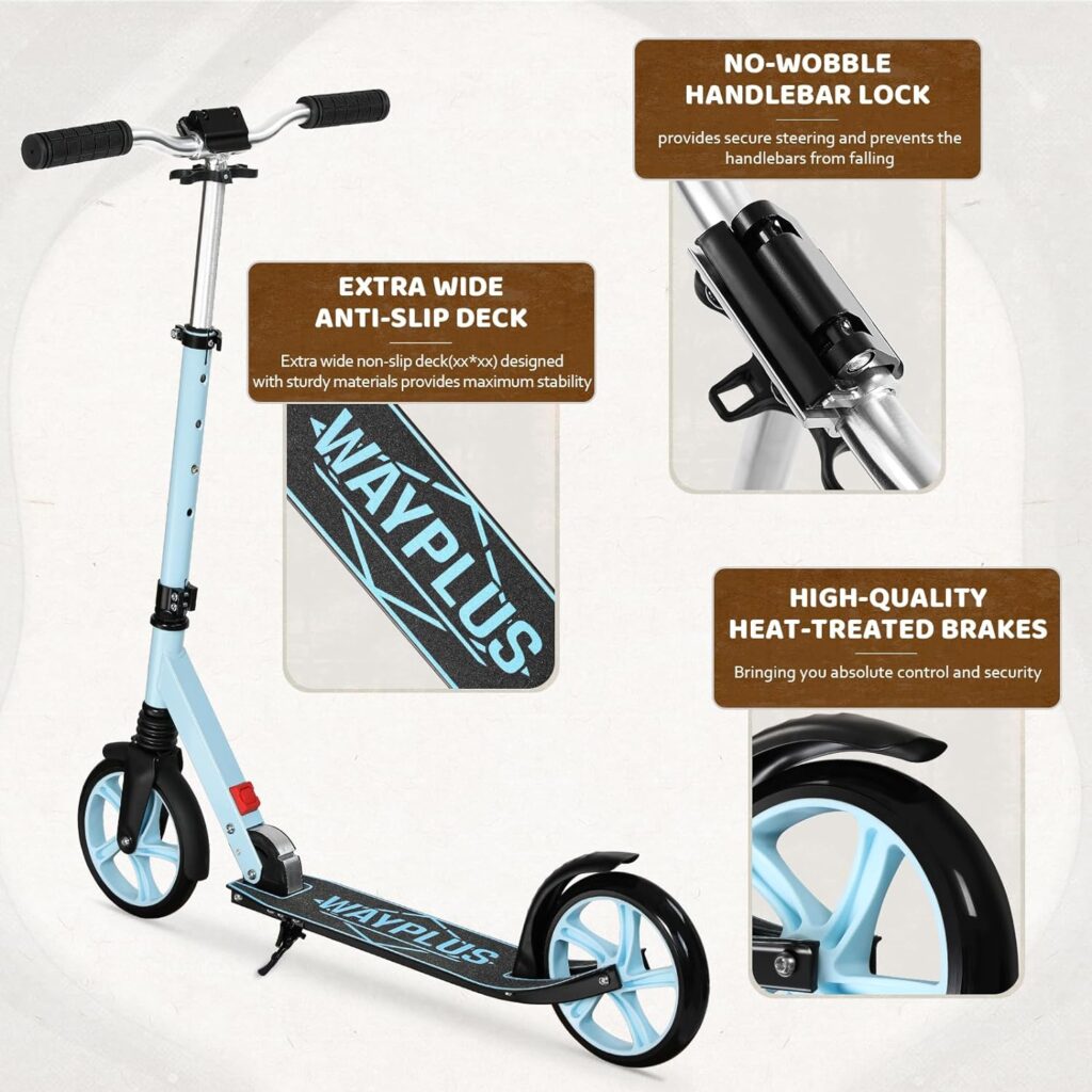 WAYPLUS Kick Scooter for Ages 6+,Kid, Teens  Adults. Max Load 240 LBS. Foldable, Lightweight, 8IN Big Wheels for Kids, Teen and Adults, 4 Adjustable Levels. Bearing ABEC9