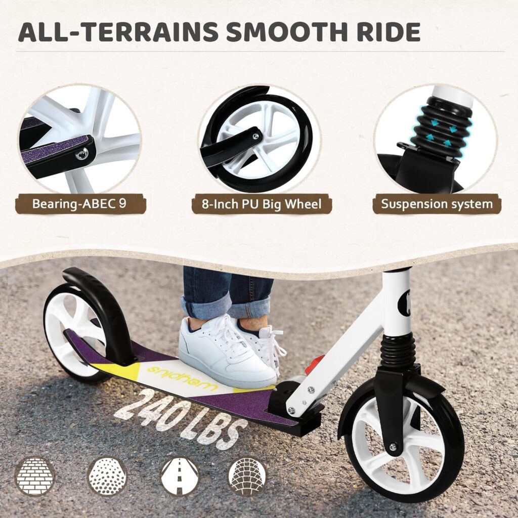 WAYPLUS Kick Scooter for Ages 6+,Kid, Teens  Adults. Max Load 240 LBS. Foldable, Lightweight, 8IN Big Wheels for Kids, Teen and Adults, 4 Adjustable Levels. Bearing ABEC9