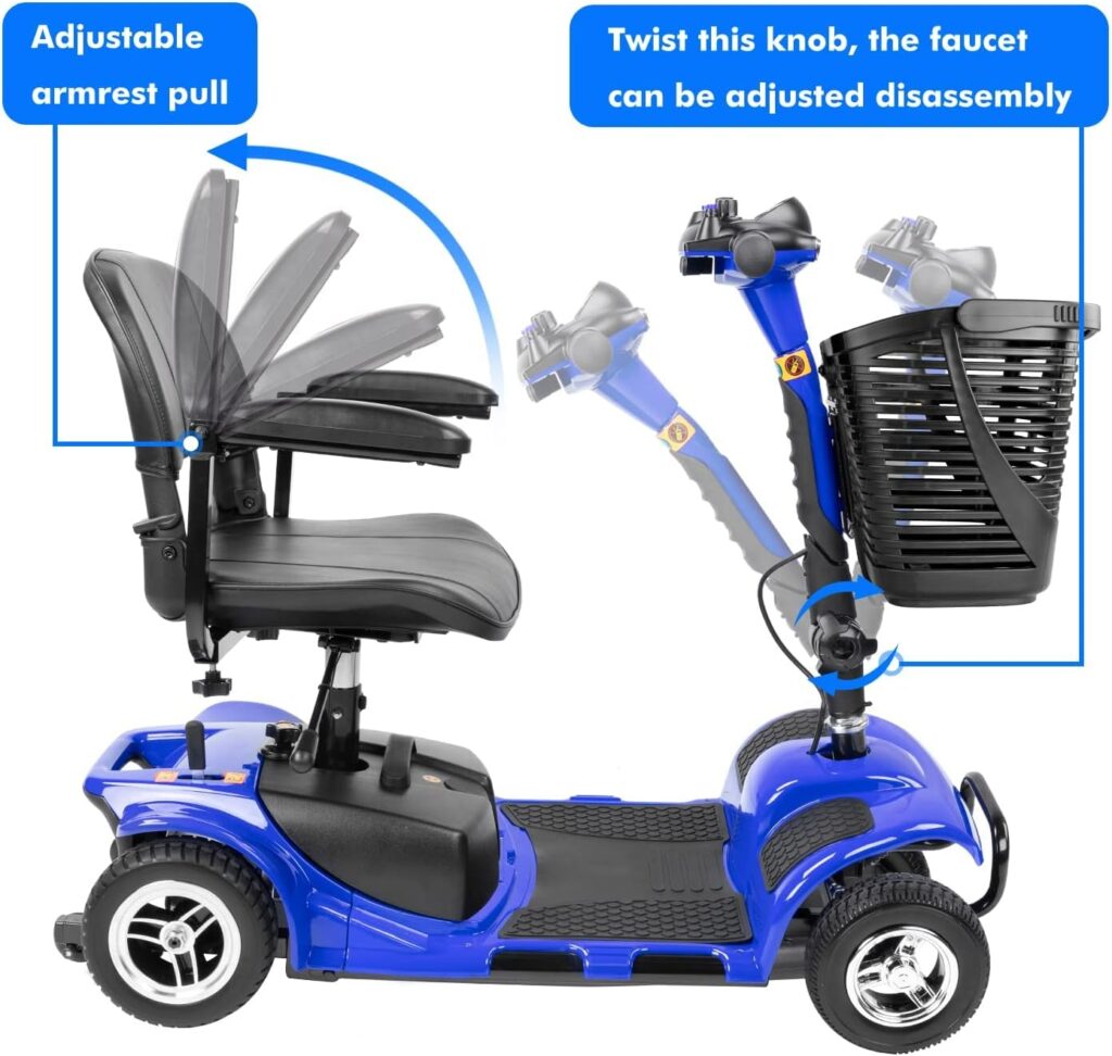 1inchome 4 Wheel Mobility Scooter, Electric Power Mobile Wheelchair for Seniors Adult with Lights- Collapsible and Compact Duty Travel Scooter w/Basket Extended Battery Light Blue