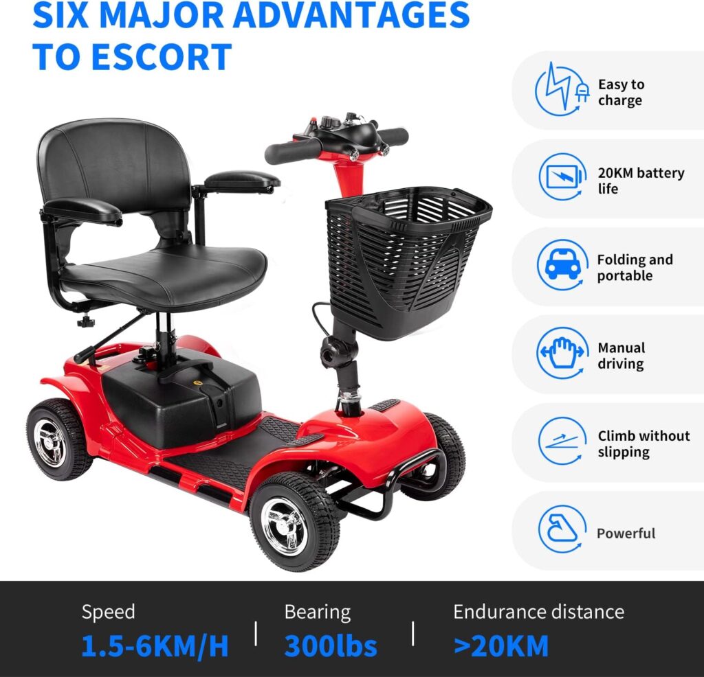 1inchome 4 Wheel Mobility Scooter, Electric Power Mobile Wheelchair for Seniors Adult with Lights- Collapsible and Compact Duty Travel Scooter w/Basket Extended Battery Red Light Red
