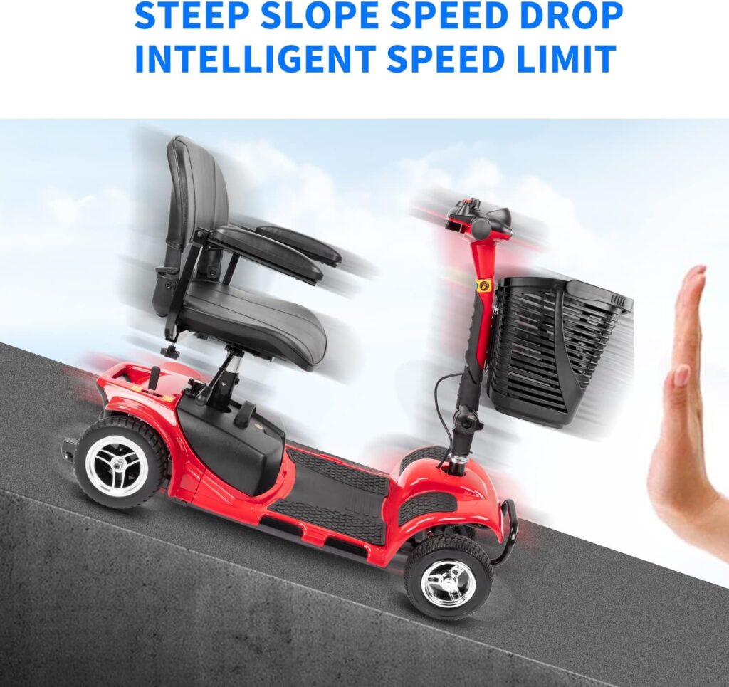 1inchome 4 Wheel Mobility Scooter, Electric Power Mobile Wheelchair for Seniors Adult with Lights- Collapsible and Compact Duty Travel Scooter w/Basket Extended Battery Red Light Red
