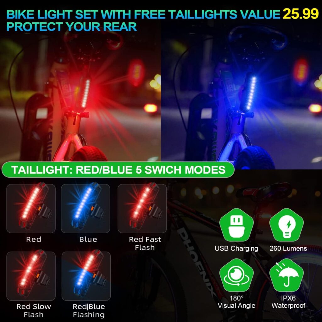 2023 New 6 LED 9500 Lumen Super Bright Bike Lights for Night Riding,360°Rotatable Bike Headlight,Bicycle Light-10 Modes,Runtime 36+ hrs,Upgrade Waterproof USB Rechargeable Bike Light,Free Taillights