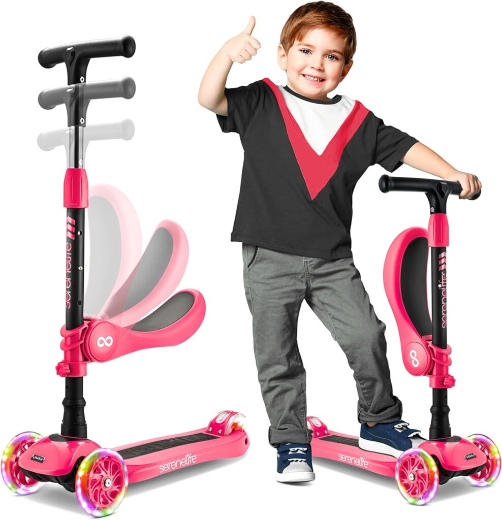 3 Wheeled Scooter for Kids - 2-in-1 Sit/Stand Child Toddlers Toy Kick Scooters w/Flip-Out Seat, Adjustable Height, Wide Deck, Flashing Wheel Lights, Great for Outdoor Fun