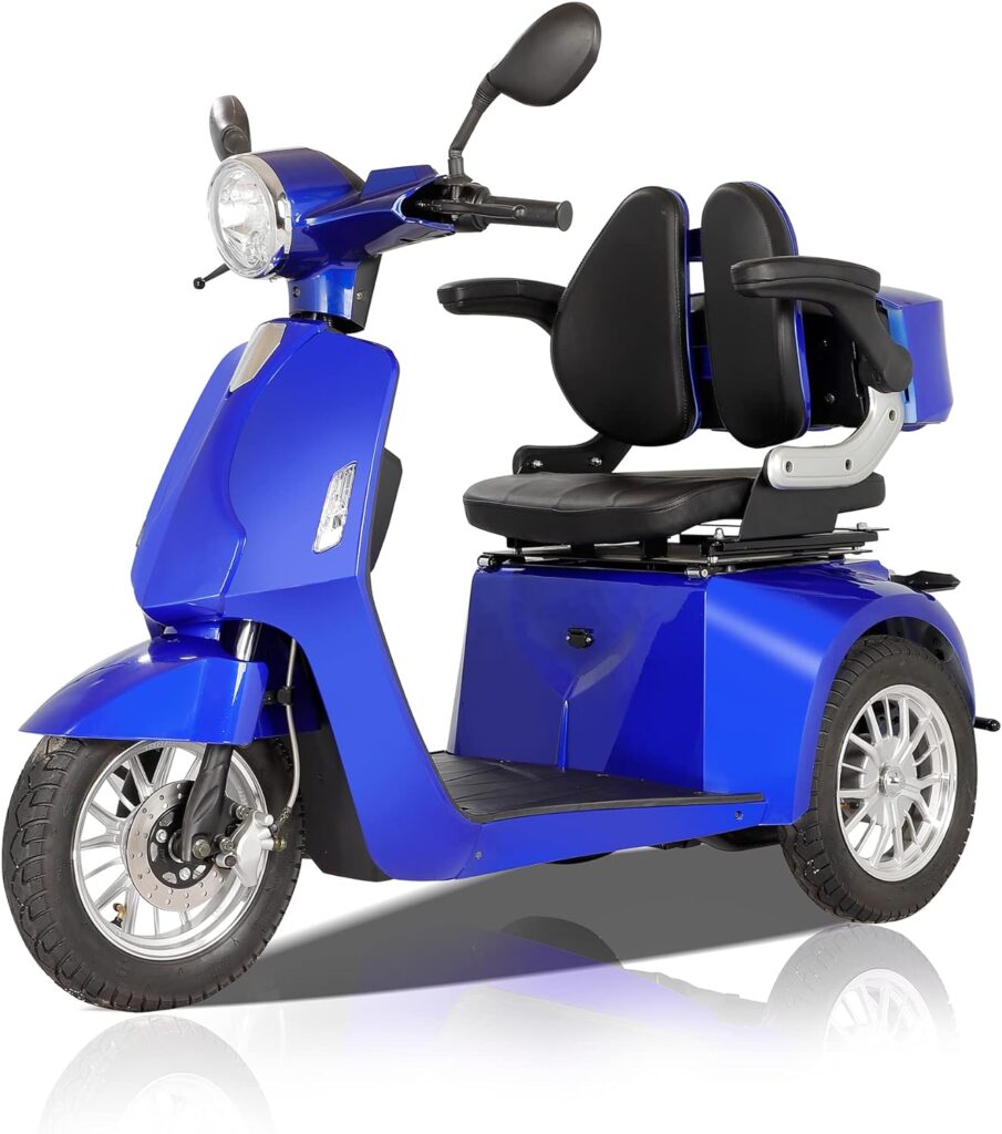 3 Wheels Mobility Scooter for Adults  Seniors,Adjustable seat and Rear Basket.Heavy Duty Mobile Scooter All Terrain Electric Mobile Scooter Built-in USB Port for Charging (Blue B)…