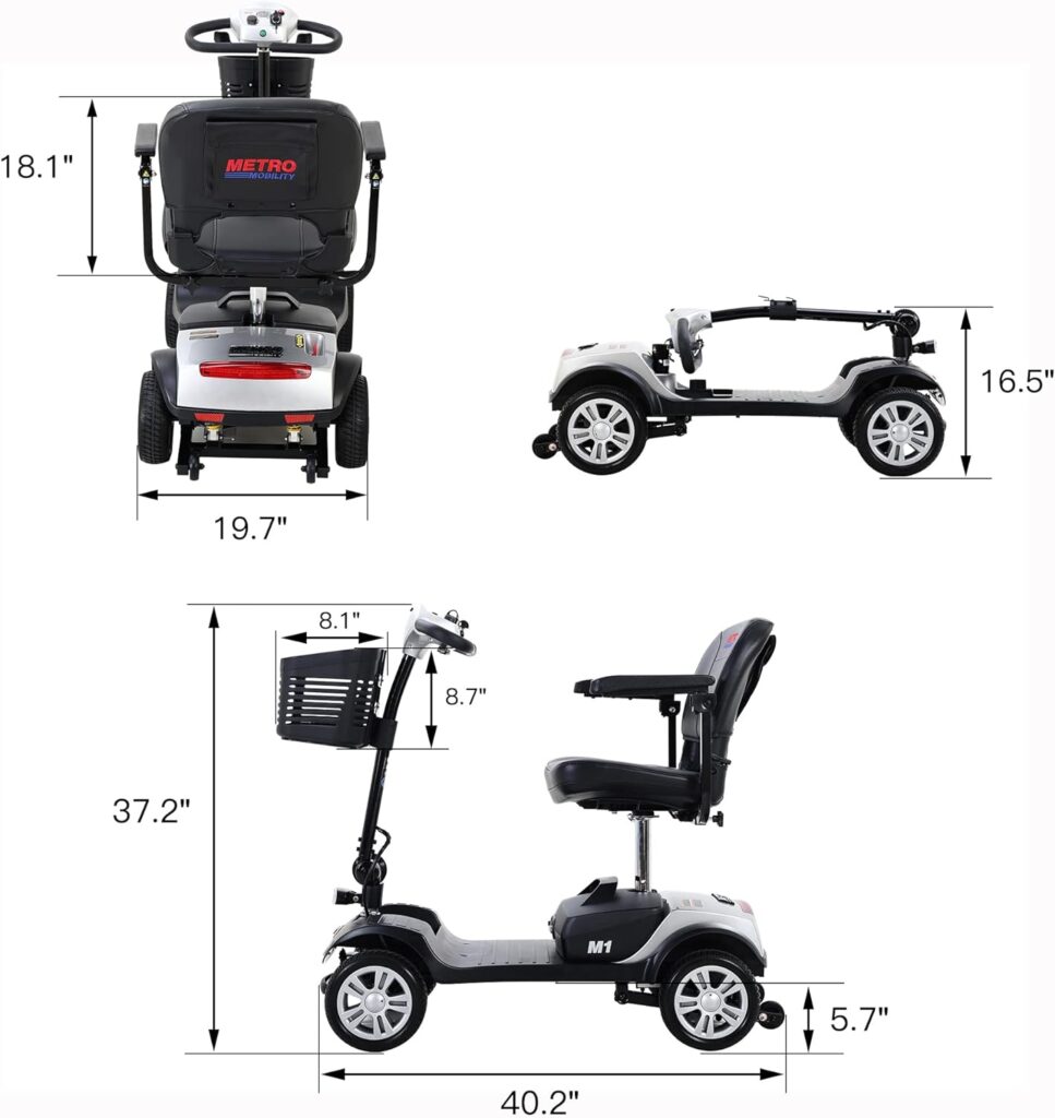 4 Wheel Mobility Scooter - Electric Powered Wheelchair Device - Compact Heavy Duty Mobile for Travel, Adults, Elderly - Long Range Power Extended Battery with Charger and Basket Included (Sliver)