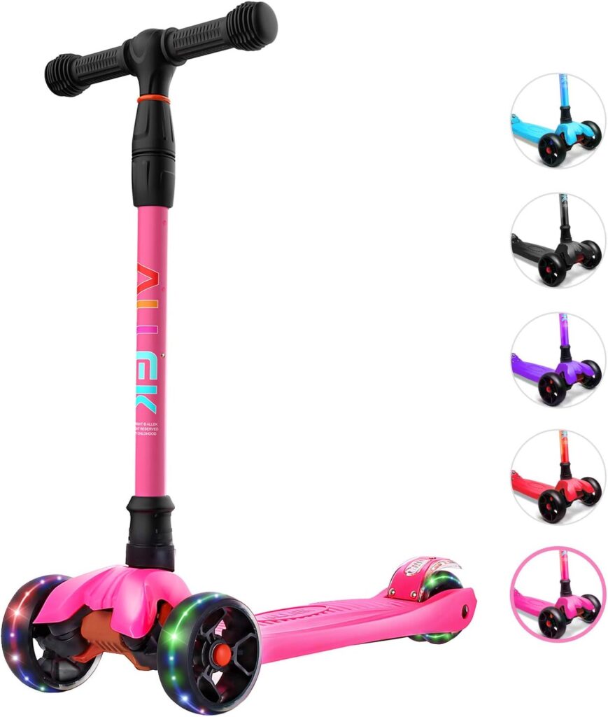 Allek Kick Scooter B02, Lean N Glide Scooter with Extra Wide PU Light-Up Wheels and 4 Adjustable Heights for Children from 3-12yrs (Rose Pink)