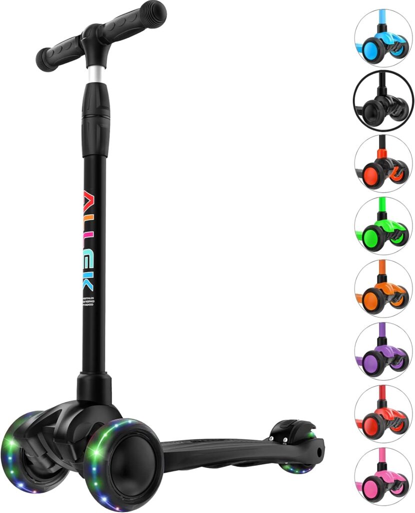 Allek Kick Scooter B03, Lean N Glide 3-Wheeled Push Scooter with Extra Wide PU Light-Up Wheels, Any Height Adjustable Handlebar and Strong Thick Deck for Children from 3-12yrs (Black)