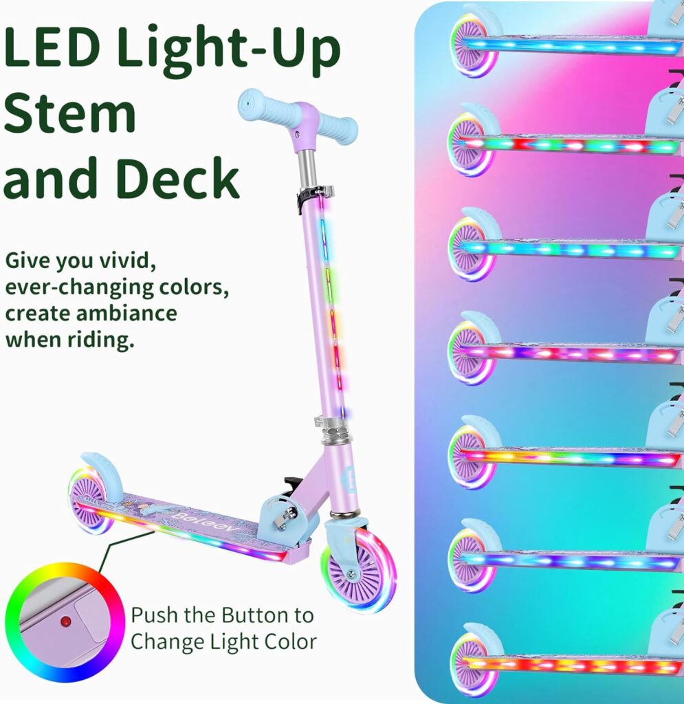 Amazon.com : BELEEV Scooters for Kids Ages 3-12 with Light-Up Wheels  Stem  Deck, 2 Wheel Folding Scooter for Girls Boys, 3 Adjustable Height, Non-Slip Pattern Deck, Kick Scooter for Children (Purple) : Sports  Outdoors
