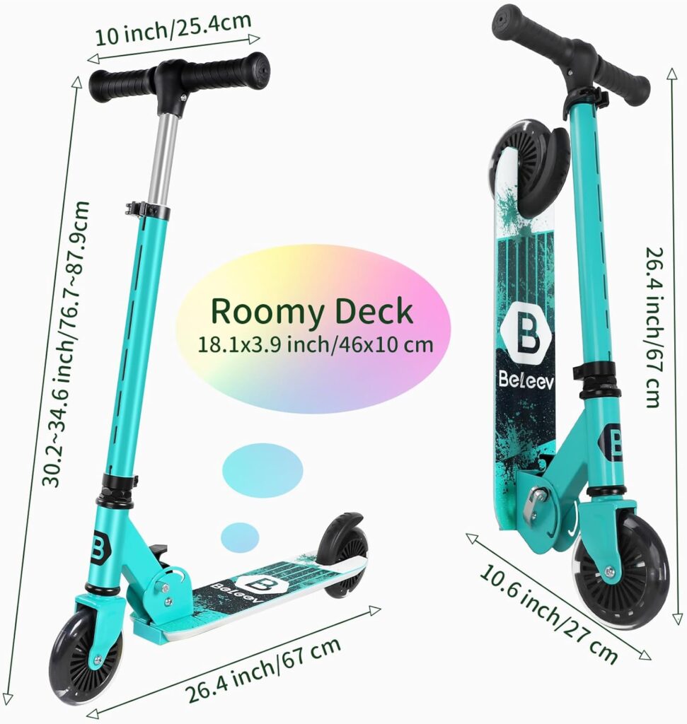 BELEEV V2 Scooters for Kids with Light-Up Wheels  Stem  Deck, 2 Wheel Folding Scooter for Girls Boys, 3 Adjustable Height, Non-Slip Pattern Deck, Lightweight Kick Scooter for Children Ages 3-12