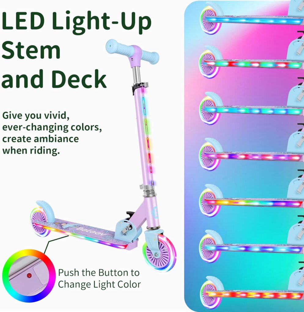 BELEEV V2 Scooters for Kids with Light-Up Wheels  Stem  Deck, 2 Wheel Folding Scooter for Girls Boys, 3 Adjustable Height, Non-Slip Pattern Deck, Lightweight Kick Scooter for Children Ages 3-12