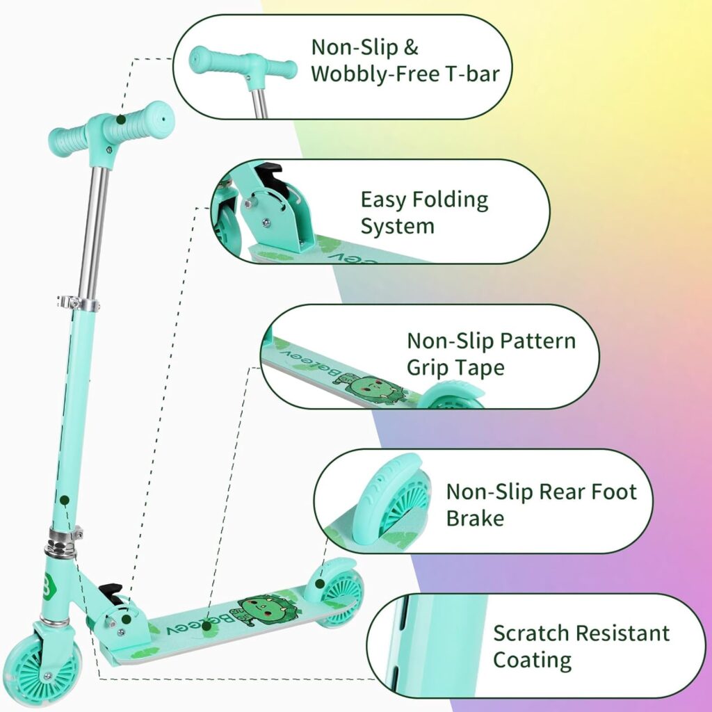 BELEEV V2 Scooters for Kids with Light-Up Wheels  Stem  Deck, 2 Wheel Folding Scooter for Girls Boys, 3 Adjustable Height, Non-Slip Pattern Deck, Lightweight Kick Scooter for Children Ages 3-12