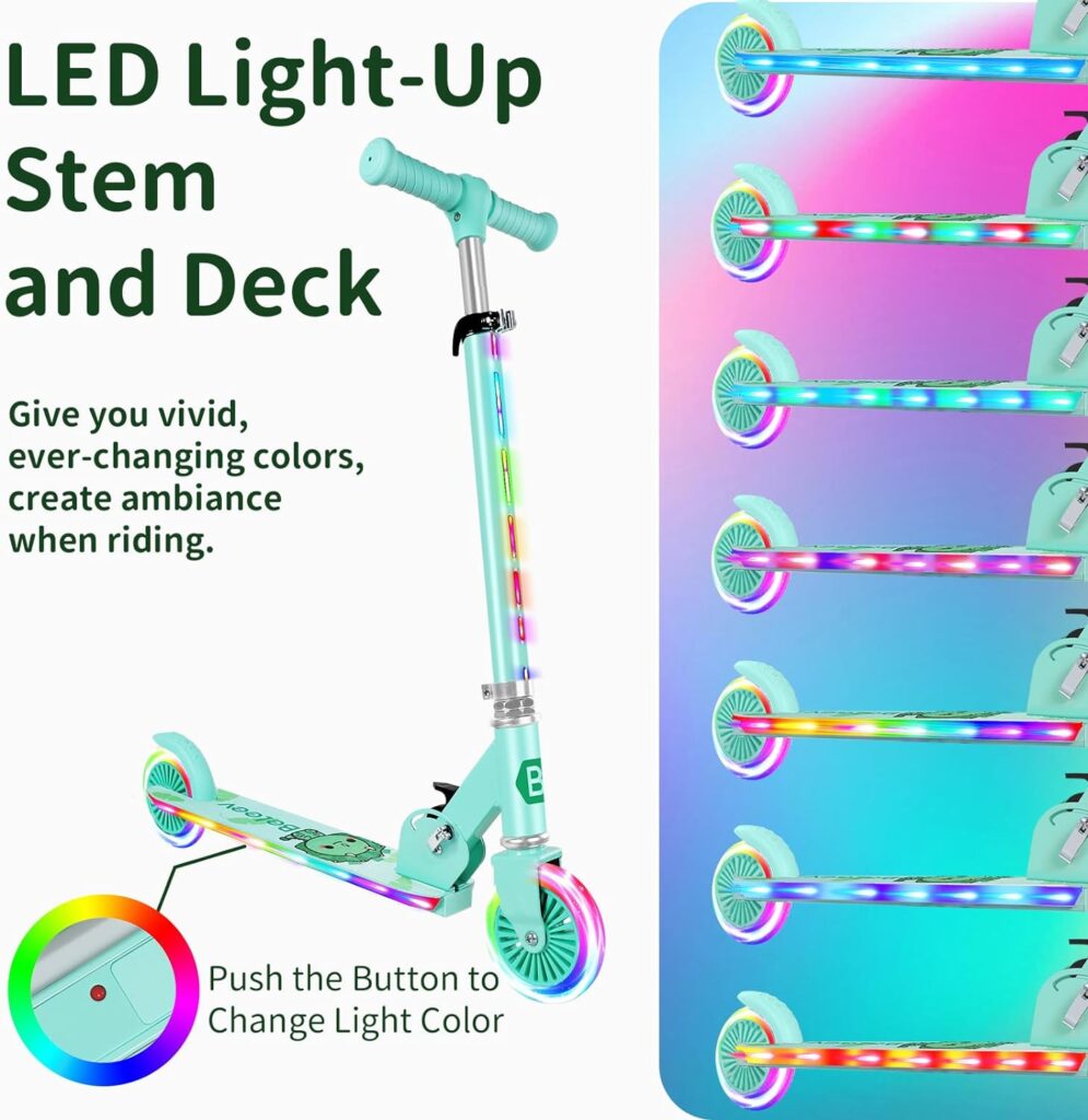 BELEEV V2 Scooters for Kids with Light-Up Wheels  Stem  Deck, 2 Wheel Folding Scooter for Girls Boys, 3 Adjustable Height, Non-Slip Pattern Deck, Lightweight Kick Scooter for Children Ages 3-12