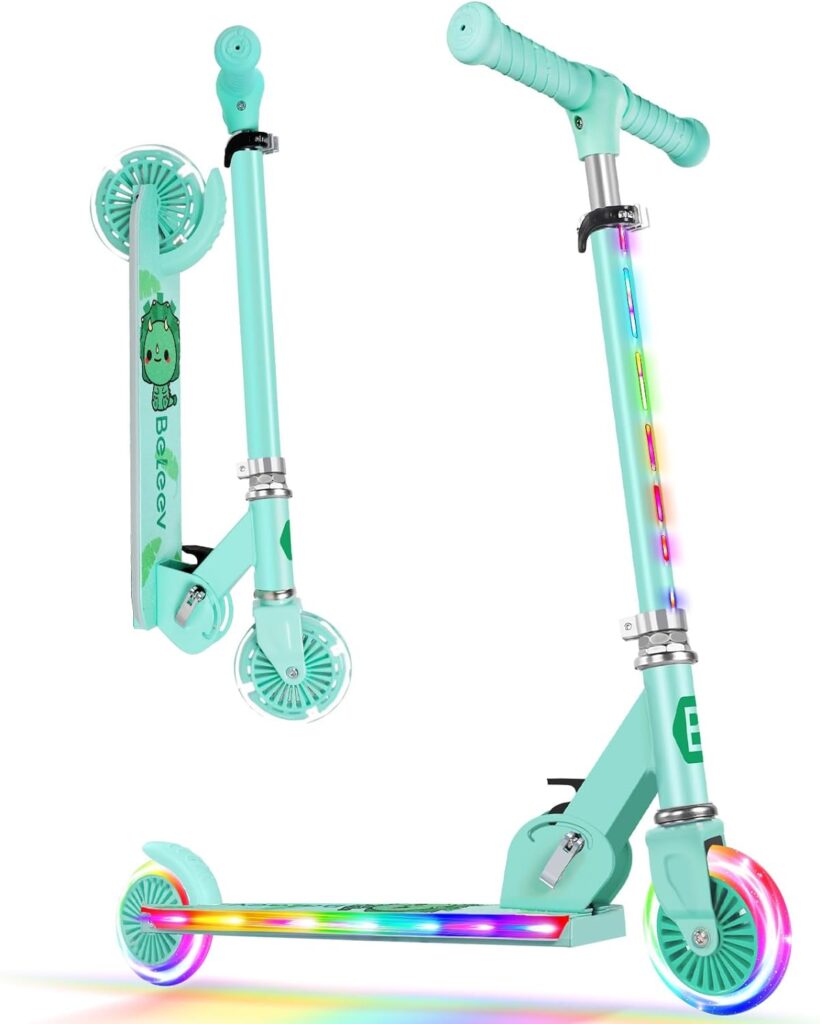 BELEEV V2 Scooters for Kids with Light-Up Wheels  Stem  Deck, 2 Wheel Folding Scooter for Girls Boys, 3 Adjustable Height, Non-Slip Pattern Deck, Lightweight Kick Scooter for Children Ages 3-12