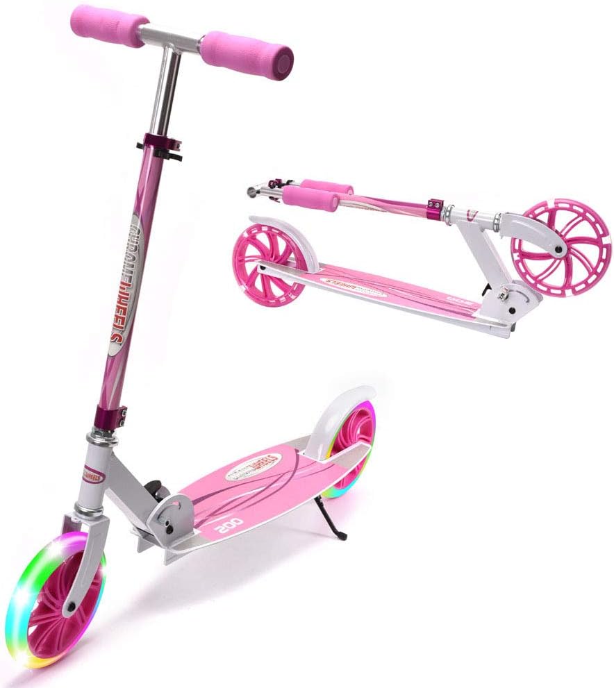 ChromeWheels Kick Scooter, Deluxe 8 Large 2 Light Up Wheels Wide Deck 5 Adjustable Height with Kickstand Foldable Scooters, Best Gift for Age 9 up Kids Girls Boys Teens, 200lb Weight Limit