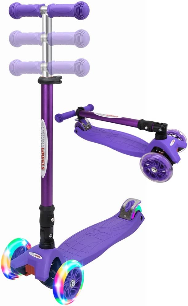 ChromeWheels Scooters for Kids, Deluxe Kick Scooter Foldable 4 Adjustable Height 132lbs Weight Limit 3 Wheel, Lean to Steer LED Light Up Wheels, Best Gifts for Girls Boys Age 3-12 Year Old