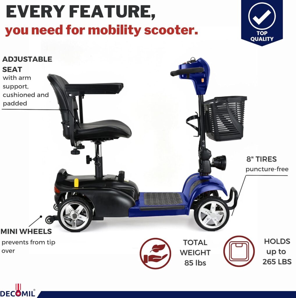 DECOMIL Portable Mobility Scooter for Seniors, Foldable Electric Powered Scooter. 300 LBS Capacity, Medical Travel Scooter for Adults, 4 Wheels, Lightweight(85 lbs)(Blue)