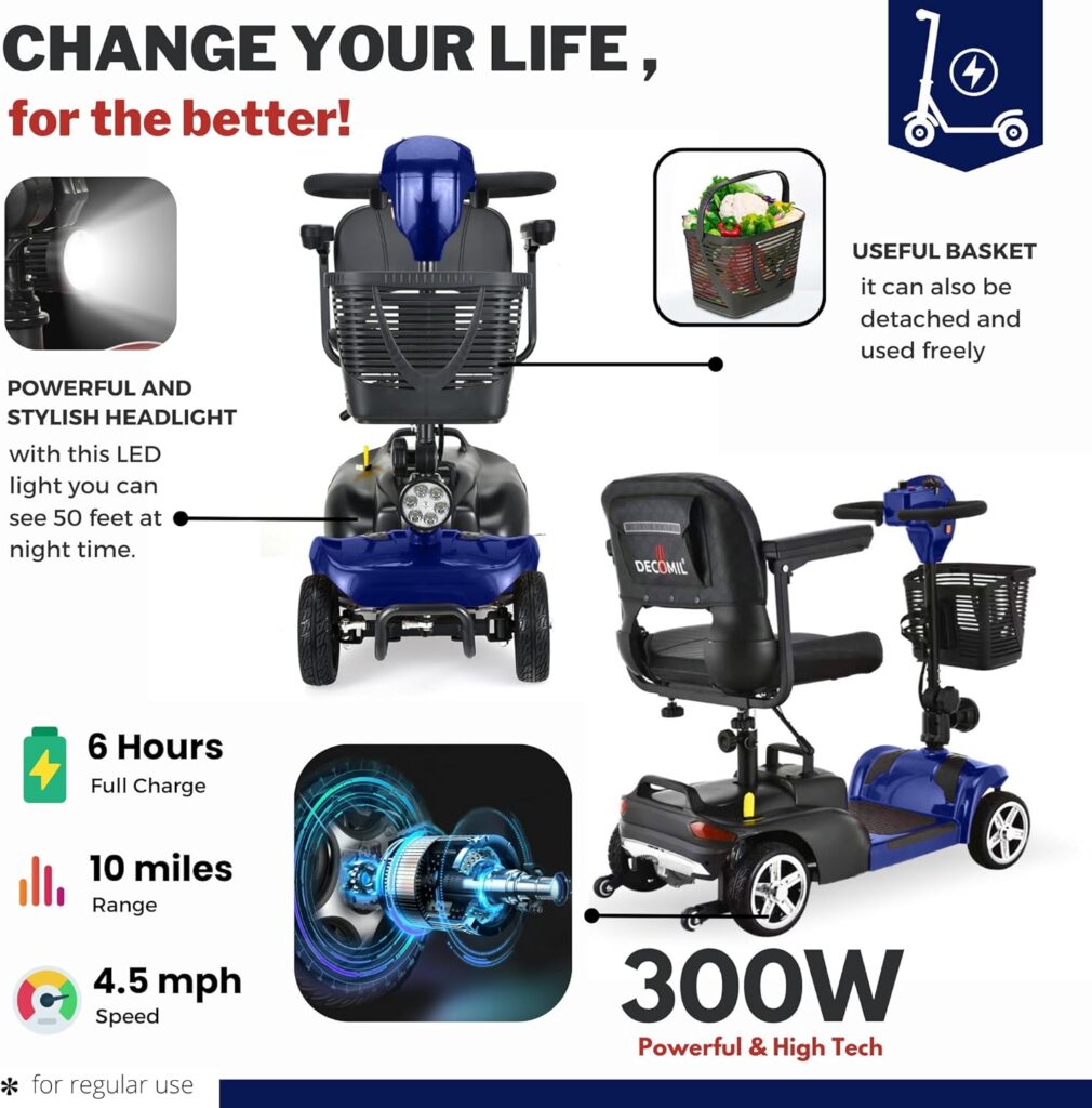 DECOMIL Portable Mobility Scooter for Seniors, Foldable Electric Powered Scooter. 300 LBS Capacity, Medical Travel Scooter for Adults, 4 Wheels, Lightweight(85 lbs)(Blue)